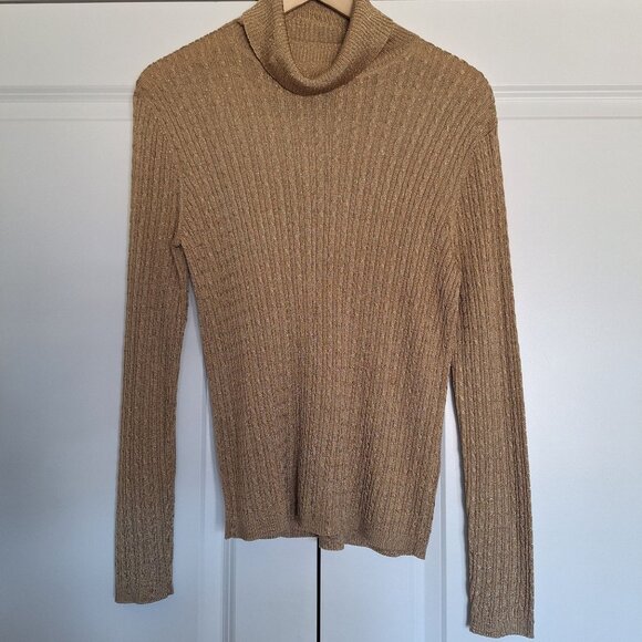 💙 Ralph Lauren Gold Stretch Cableknit Turtleneck Sweater Size M/L Preppy Fall - Picture 1 of 8